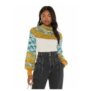NWT Free People Swit the Small Stuff Sweater in blues and mustard.